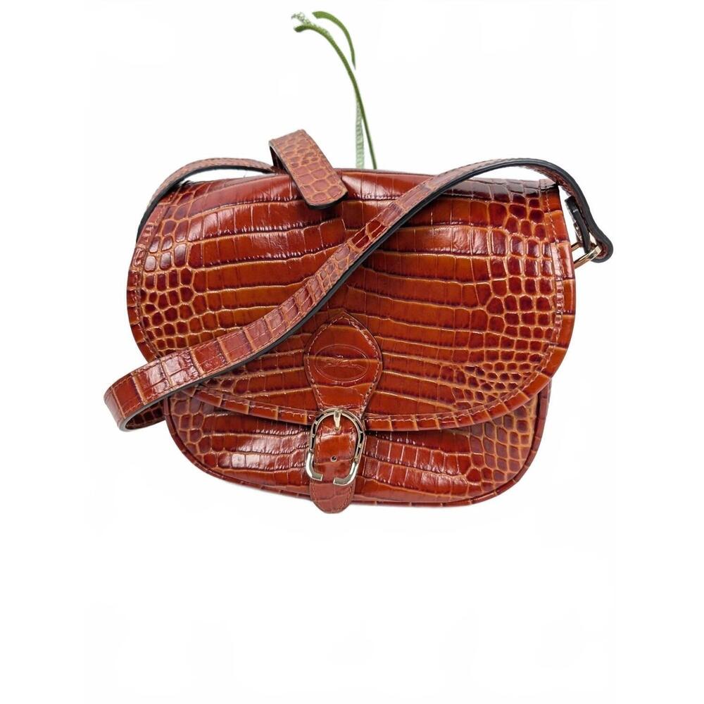 NEW LONGCHAMP croc embossed flap crossbody bag in cognac